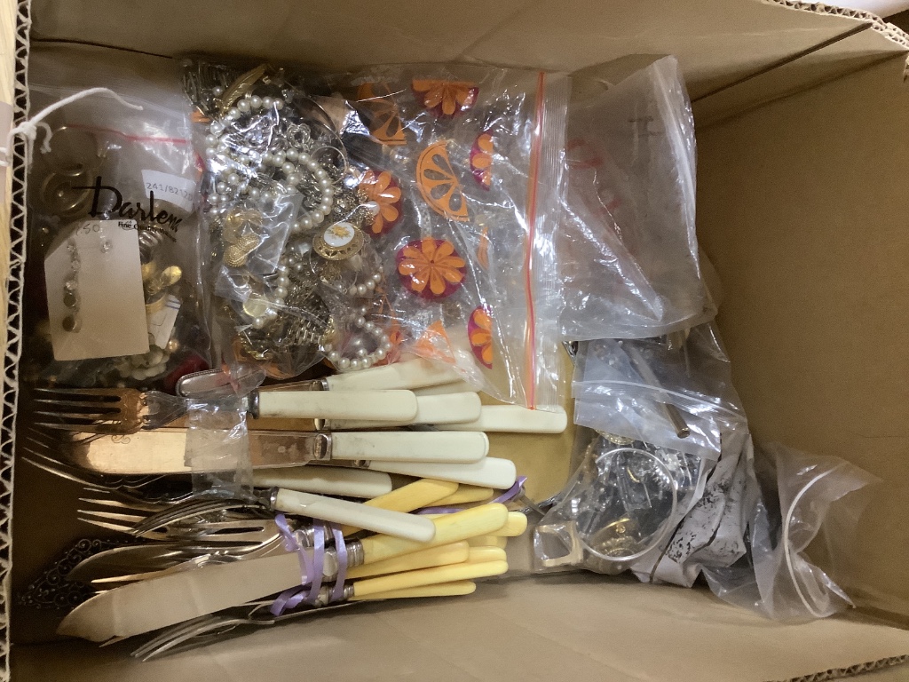 Mixed costume jewellery, plated flatware etc